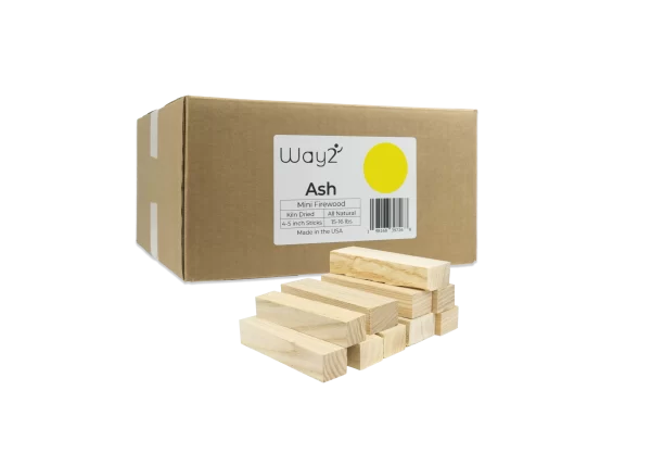 box of ash fire wood, individual pieces shown in front of box